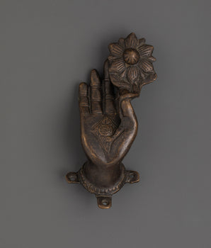 Brass Hand Holding Lotus Door Handle | Artistic Sacred Symbol Door Pull