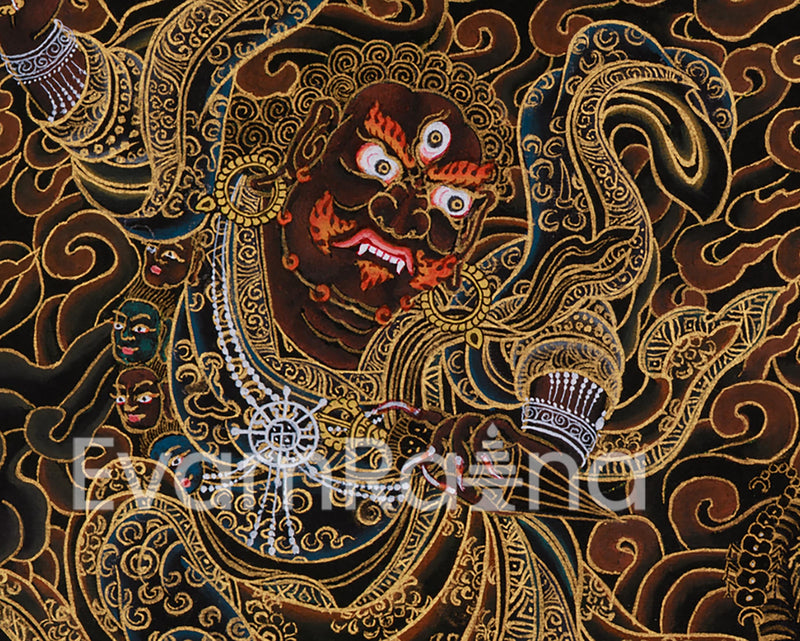 Hand-Painted Gold Thangka of Dorje Drollo | Tibetan Wrathful Buddha