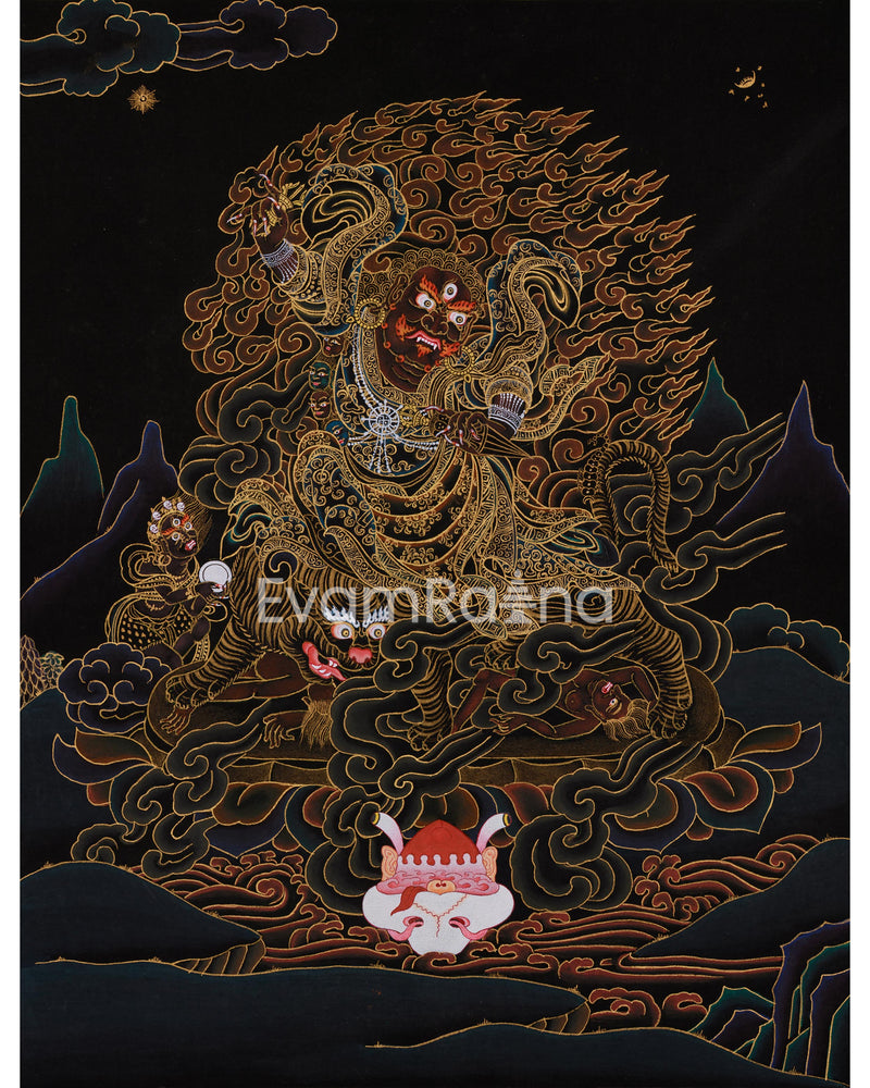 Hand-Painted Gold Thangka of Dorje Drollo | Tibetan Wrathful Buddha