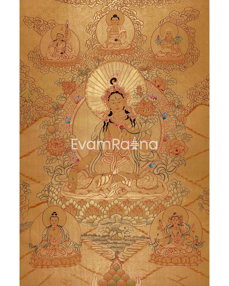 Gold Style White Tara Flanked with other Bodhisattva | Tibetan Buddhism Thangka