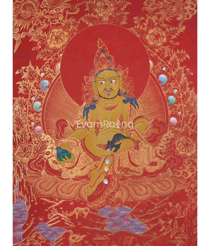 Red And Gold Painted Dzambala Thangka | Hand-Painted Deity Of Wealth