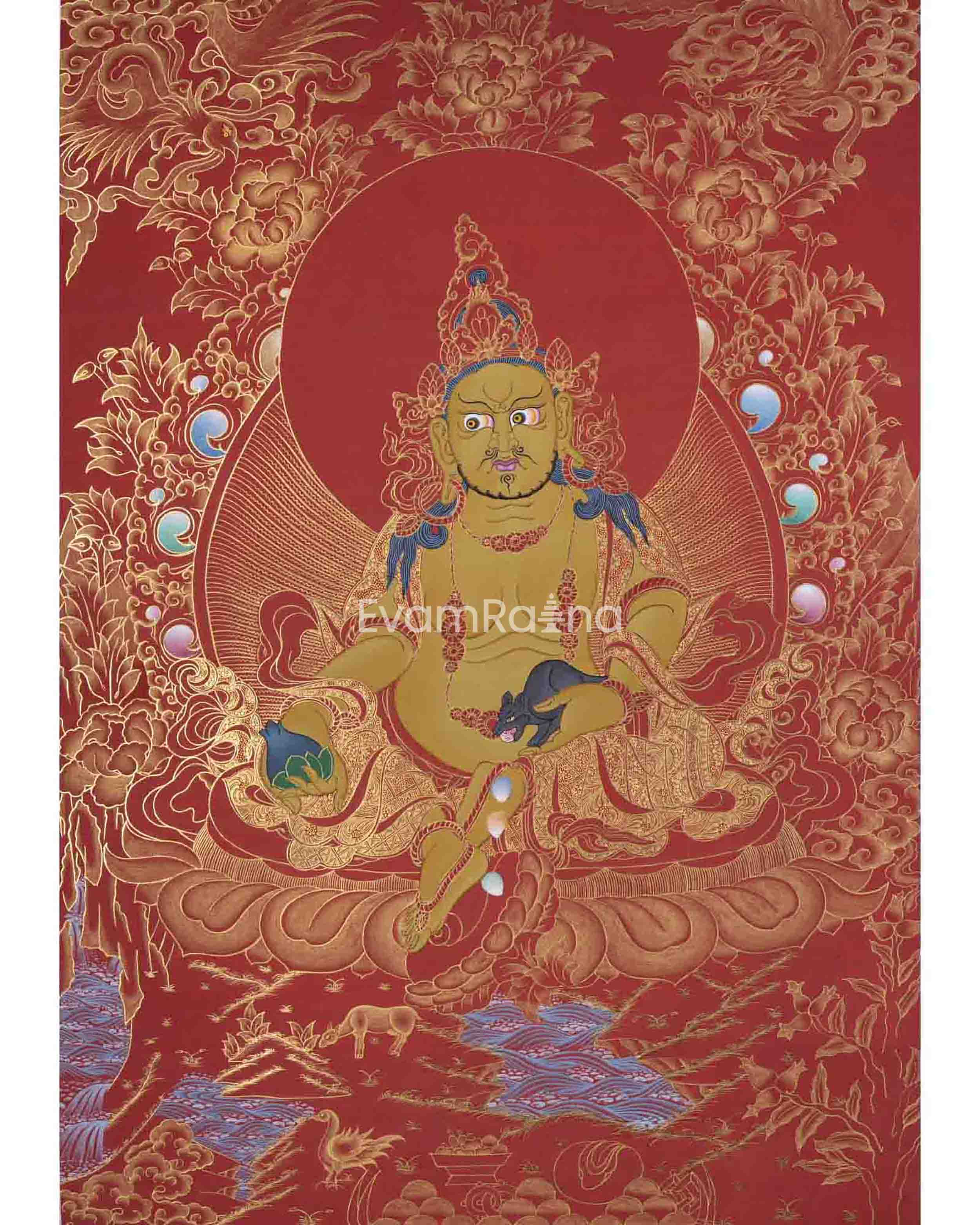 Red And Gold Painted Dzambala Thangka | Hand-Painted Deity Of Wealth