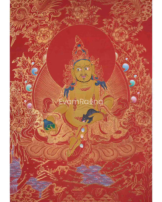 Red And Gold Painted Dzambala Thangka | Hand-Painted Deity Of Wealth