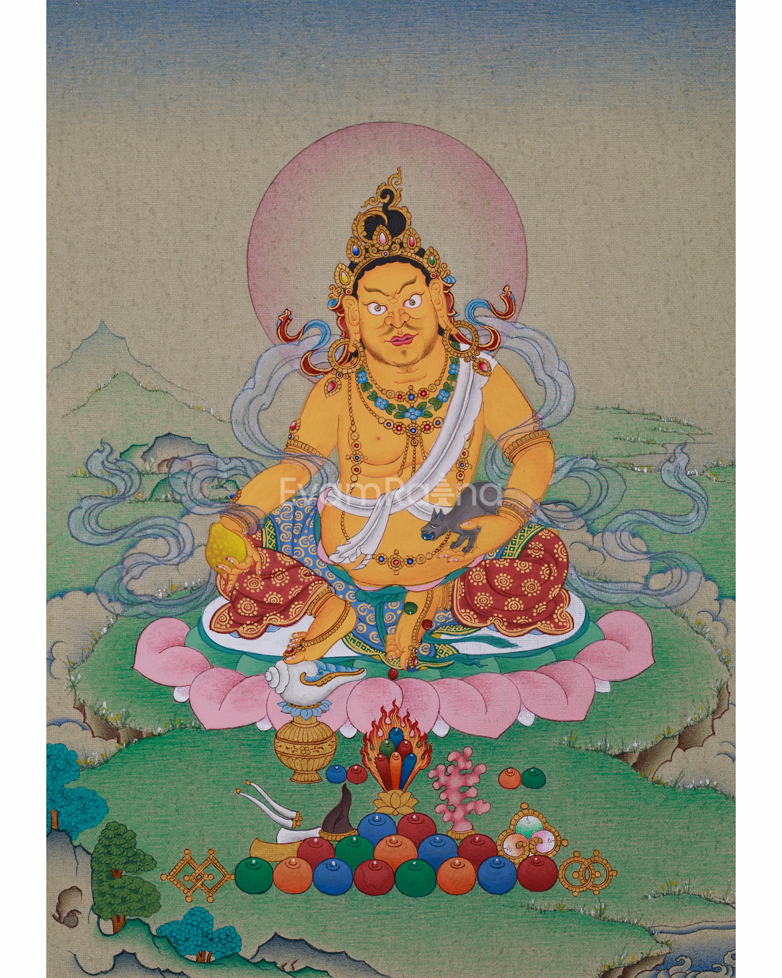 Hand-Painted Dzambhala Thangka, Guardian of Prosperity