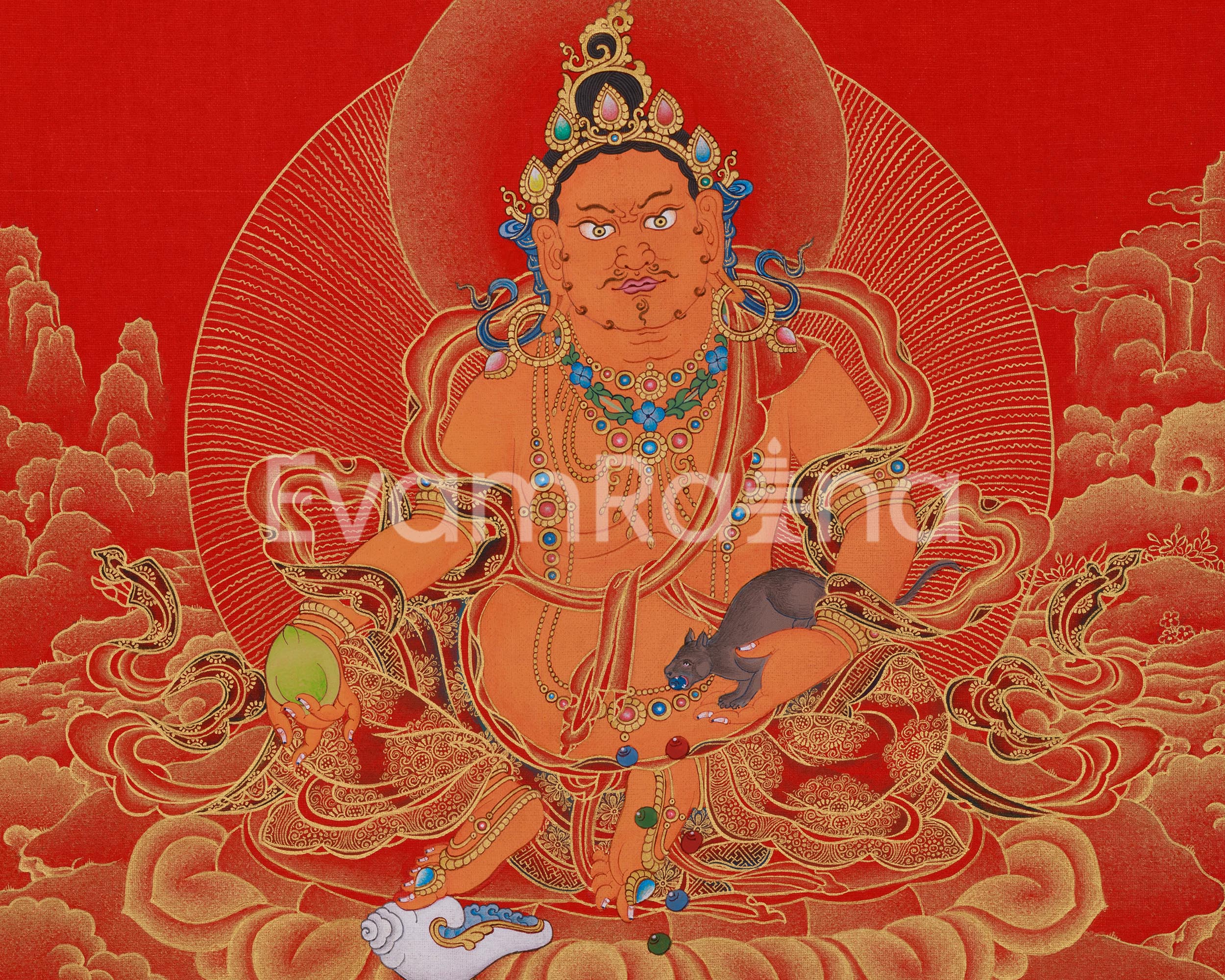 God of Abundance, Dzambhala Thangka, Tibetan Buddhist Wealth Deity, Wall Art