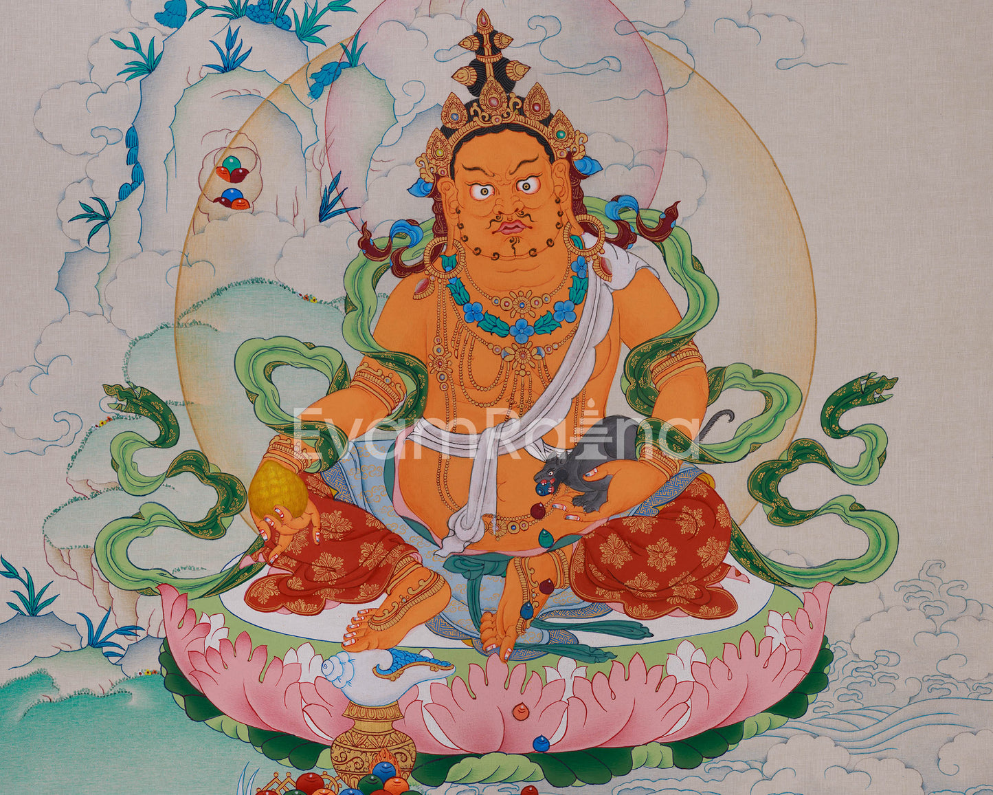 Hand Painted Yellow Jambhala Thangka | Tibetan Buddhist Wealth Deity