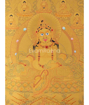 Dzambhala Flanked with 5 Buddhas on Top of His Head | Kubera Thangka Painting |