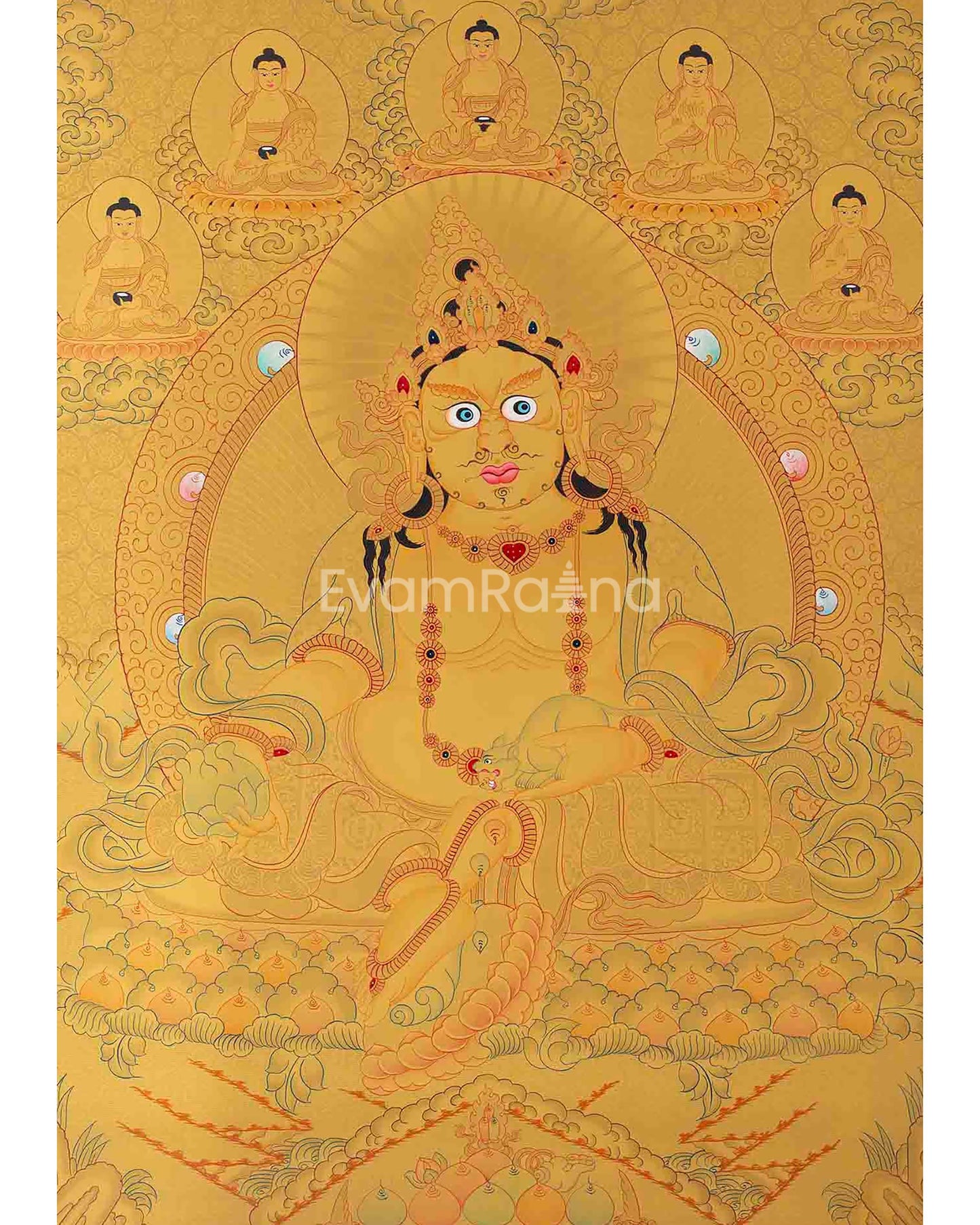 Dzambhala Flanked with 5 Buddhas on Top of His Head | Kubera Thangka Painting |