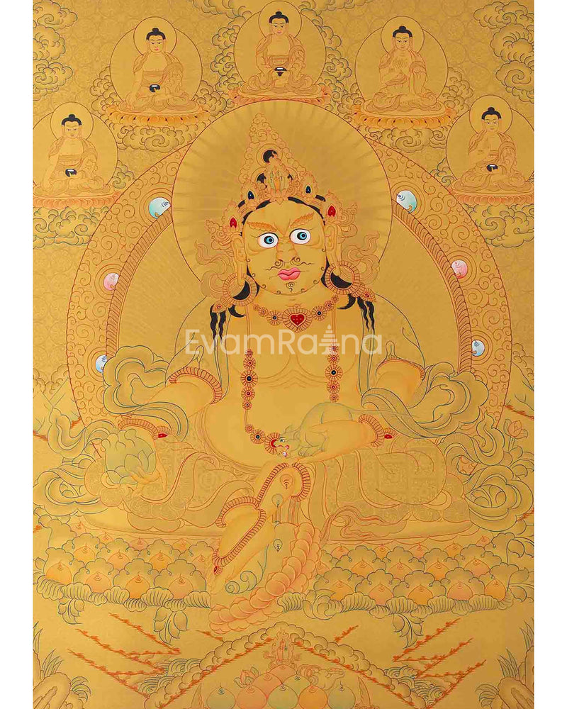 Dzambhala Flanked with 5 Buddhas on Top of His Head | Kubera Thangka Painting |