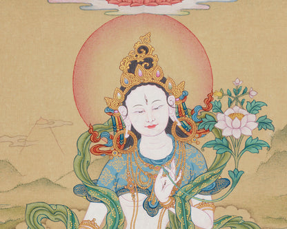 Goddess White Tara With Amitabha Thangka |  Healing, Longevity and Spiritual Protection