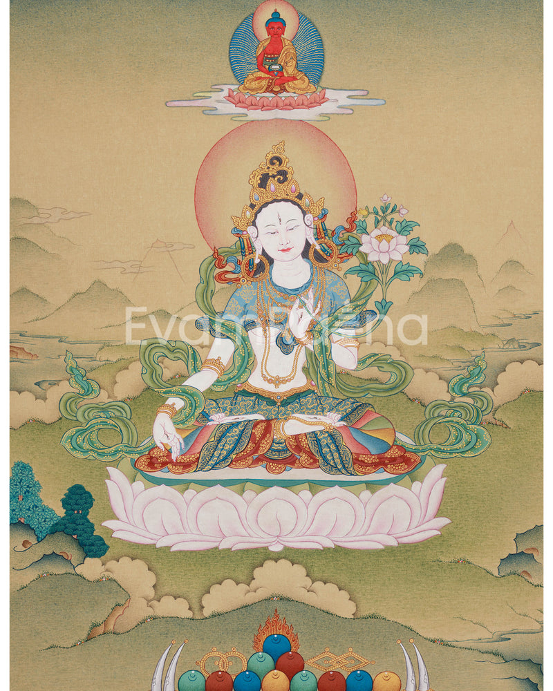 Goddess White Tara With Amitabha Thangka 