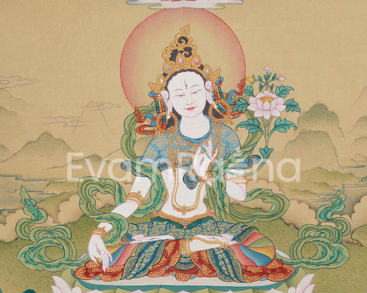 Goddess White Tara With Amitabha Thangka |  Healing, Longevity and Spiritual Protection