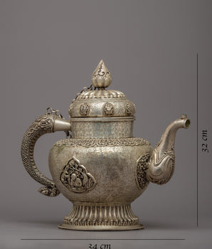 Auspicious Symbol Carved Silver Plated Tea Pot - Evamratna