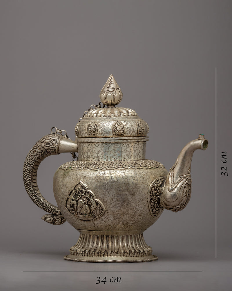 Auspicious Symbol Carved Silver Plated Tea Pot - Evamratna