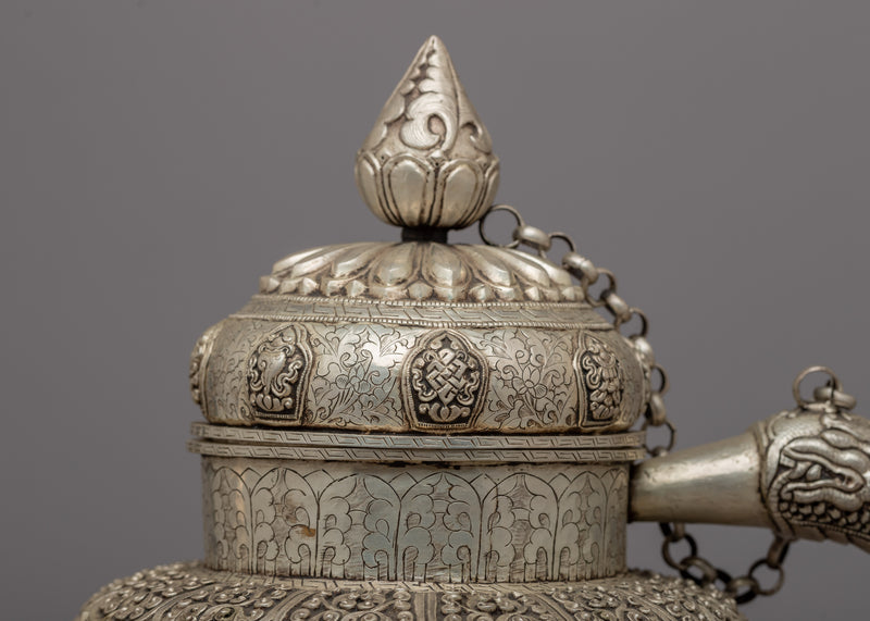 Auspicious Symbol Carved Silver Plated Tea Pot - Evamratna