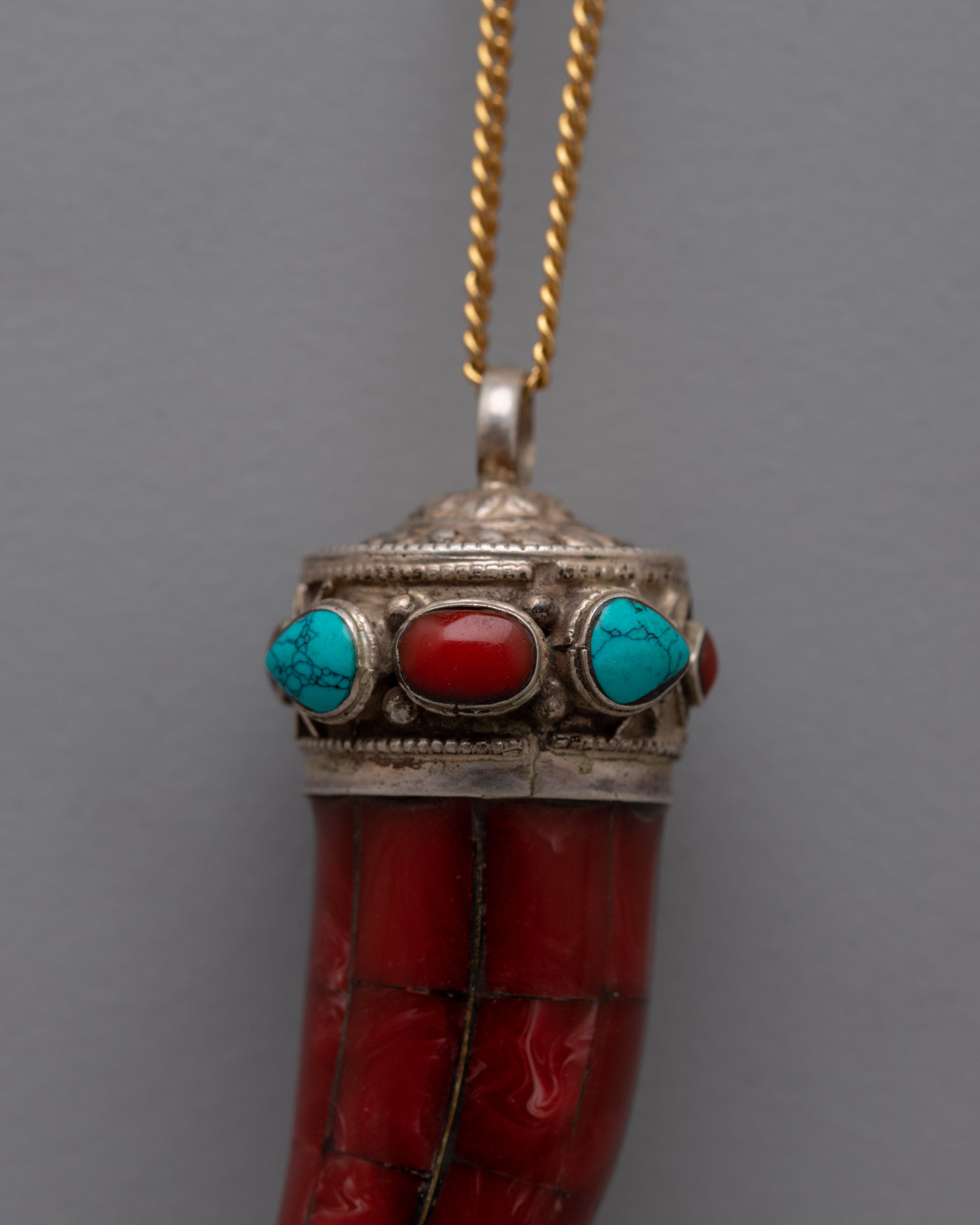 Coral Stone Pendant | Silver Jewelry with Turquoise Inlay