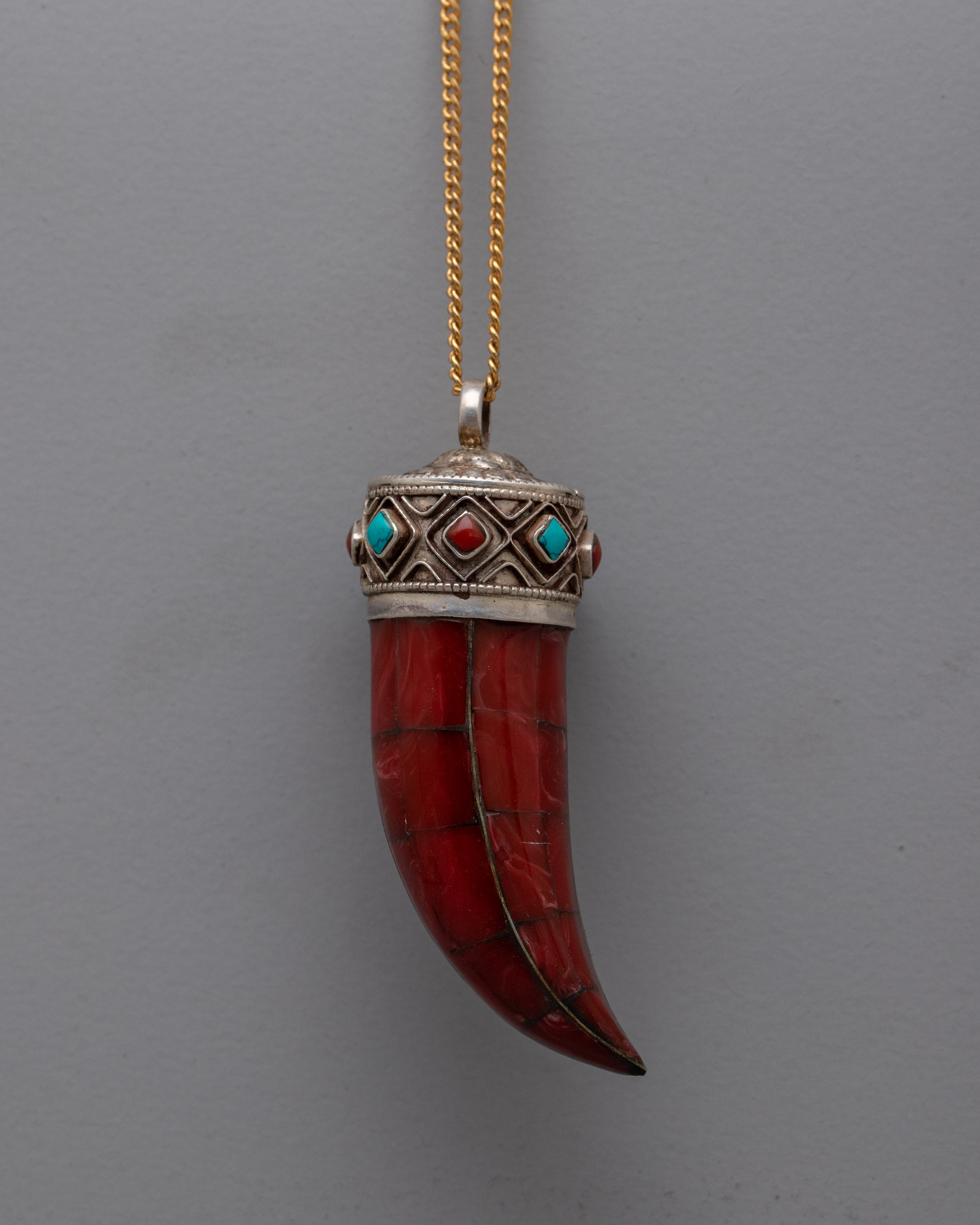 Coral Stone Pendant | Silver Jewelry with Turquoise Inlay