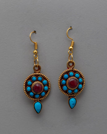 Nepal Fashion Handmade Round Turquoise Copper Earrings 