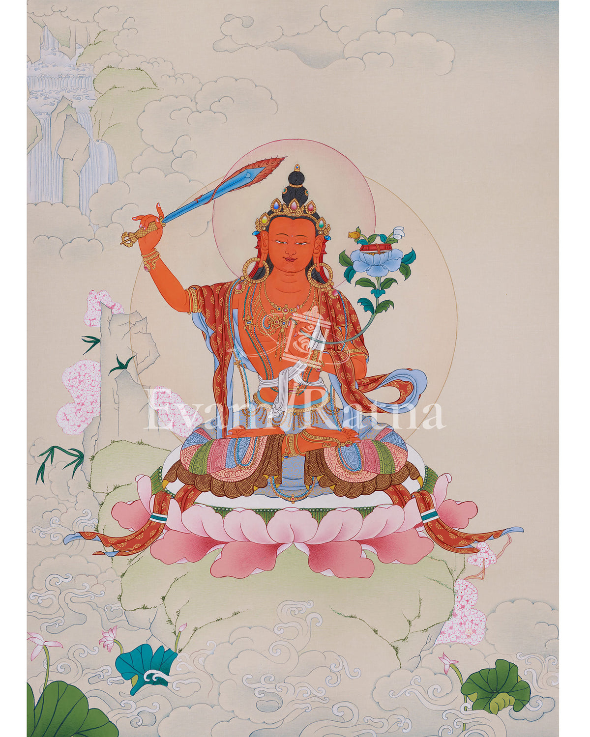 Beautifully Handmade Bodhisattva Manjushri Thangka | Buddha of Knowledge and Wisdom