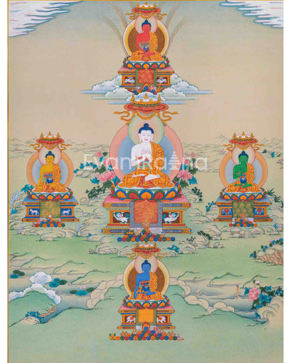 Five Dhyani Buddha Thangka | Hand Painted Traditional Art | Tibetan Buddhism Art