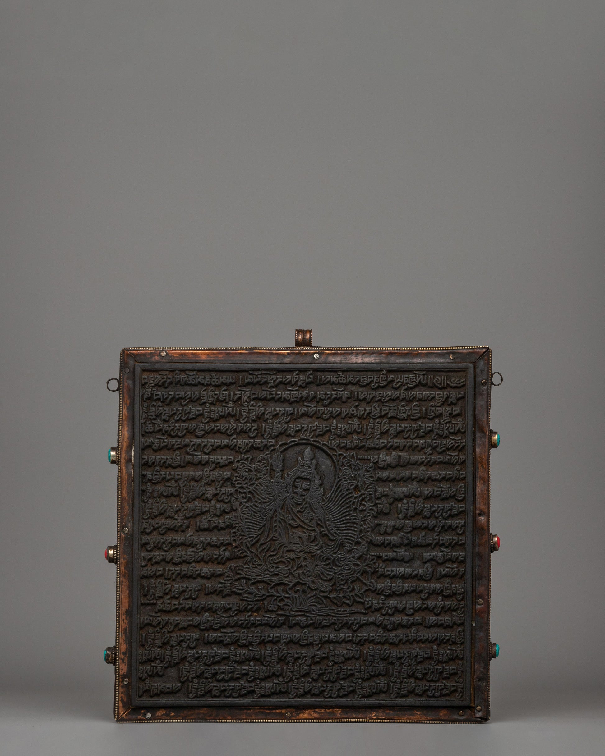 Hand-Carved Flag Stamp of Guru Rinpoche in Copper and Wood