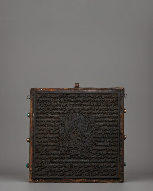 Hand-Carved Flag Stamp of Guru Rinpoche in Copper and Wood 