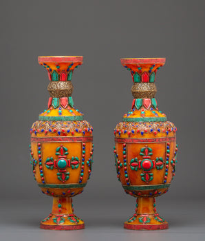 Amber Flower Vase Set | Coral and Turquoise Inlays