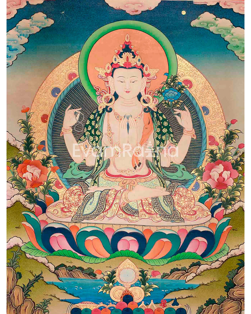 Original Hand-Painted Four Armed Chengrezig Thangka | Bodhisattva of Compassion |