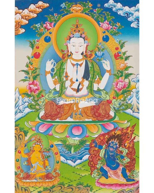 Four Armed Chengrezig Feature Manjushri and Vajrapani