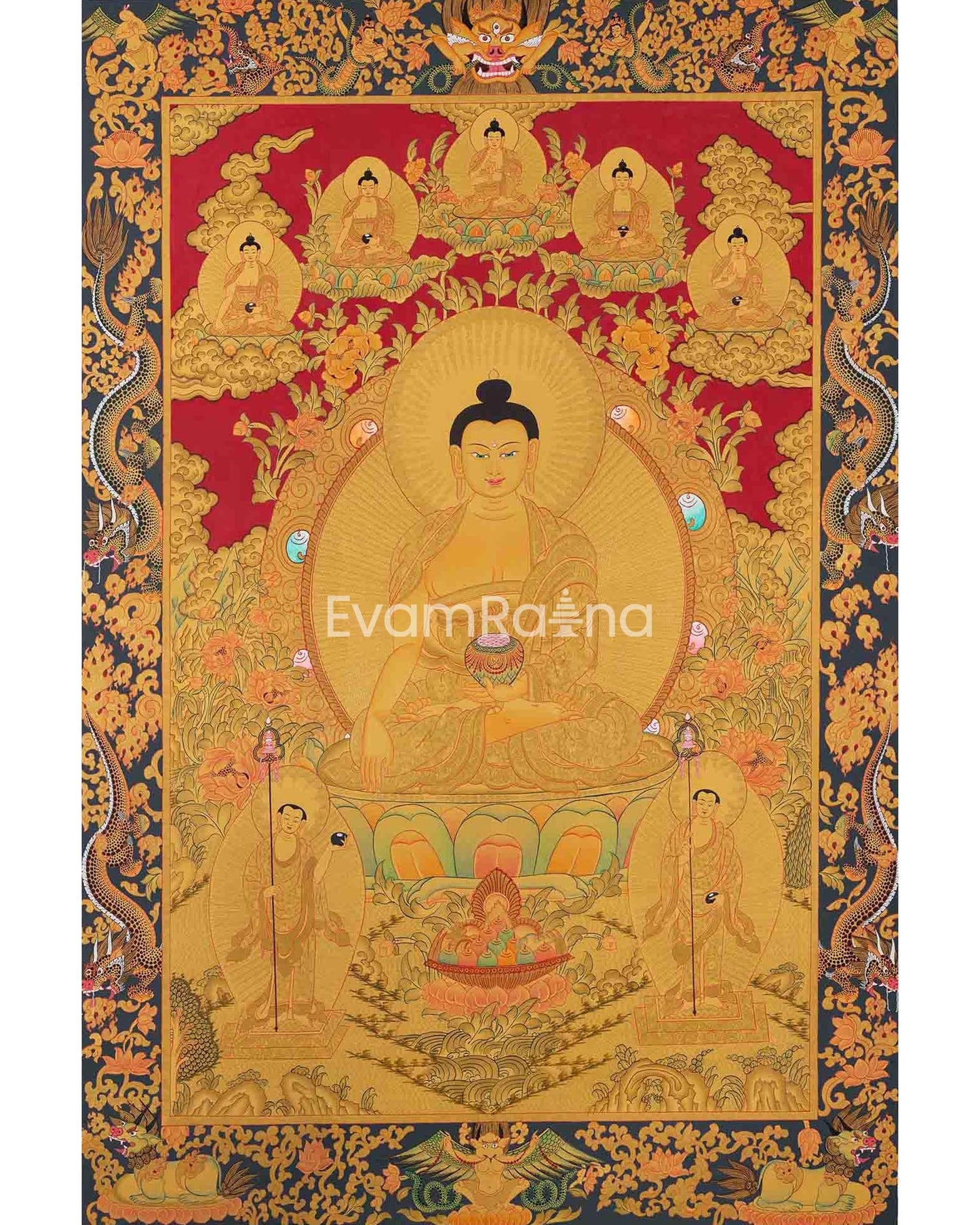 Full 24K Gold Style Shakyamuni Buddha Thangka | Wall Hanging Yoga Meditation Art