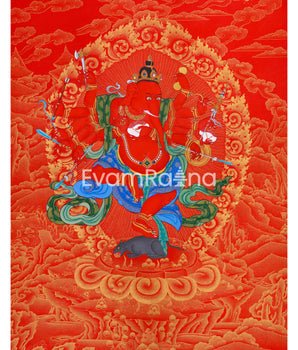 Majestic Red and Gold Ganapati Thangka