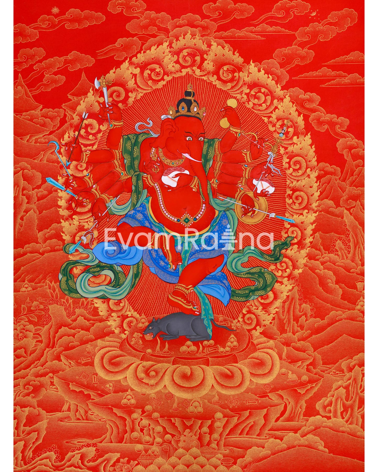 Majestic Red and Gold Ganapati Thangka