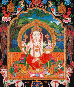Ganesh Thangka Painting With Kartikeya and Saraswati