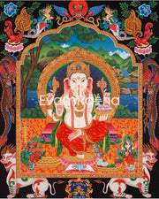 Ganesh Thangka Painting With Kartikeya and Saraswati