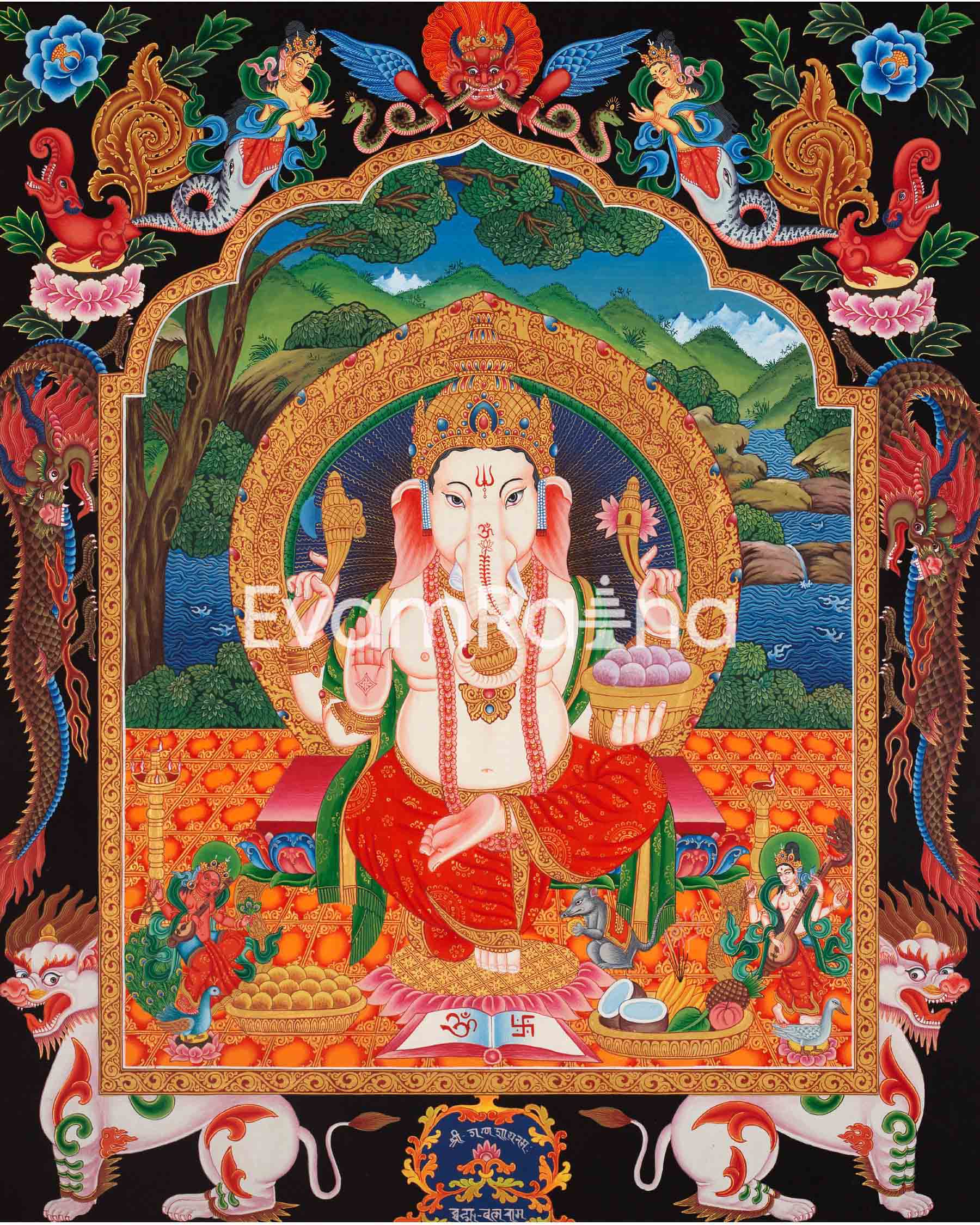 Ganesh Thangka Painting With Kartikeya and Saraswati 