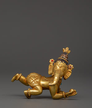 Ganesh Copper Gold-Plated Statue with Cora Stones