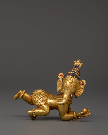 Ganesh Copper Gold-Plated Statue with Cora Stones