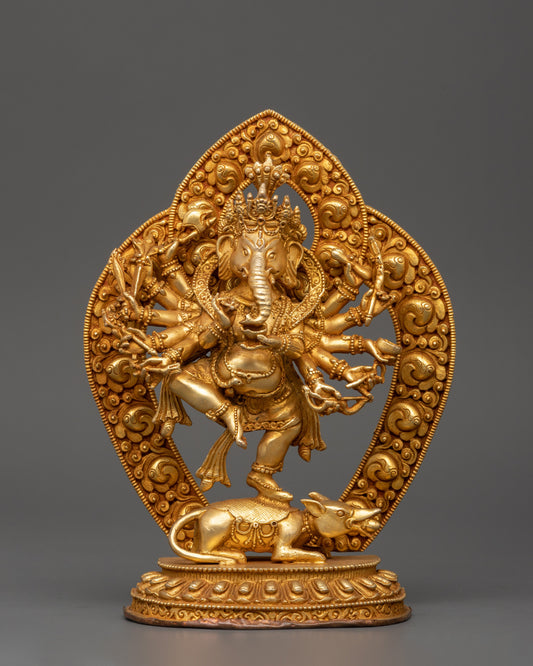 Ganesha Statue with One Leg Raised & Multiple Arms 