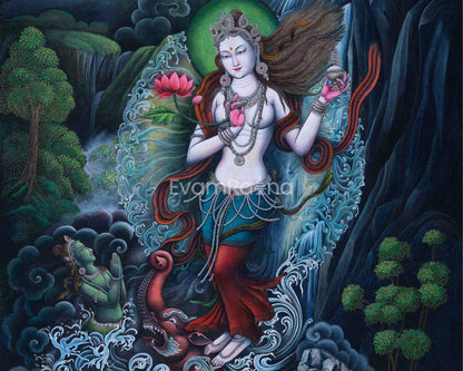 Ganga Goddess Giclee Print For Prayers | Traditional Newari Paubha Art Prints For Wall Hanging