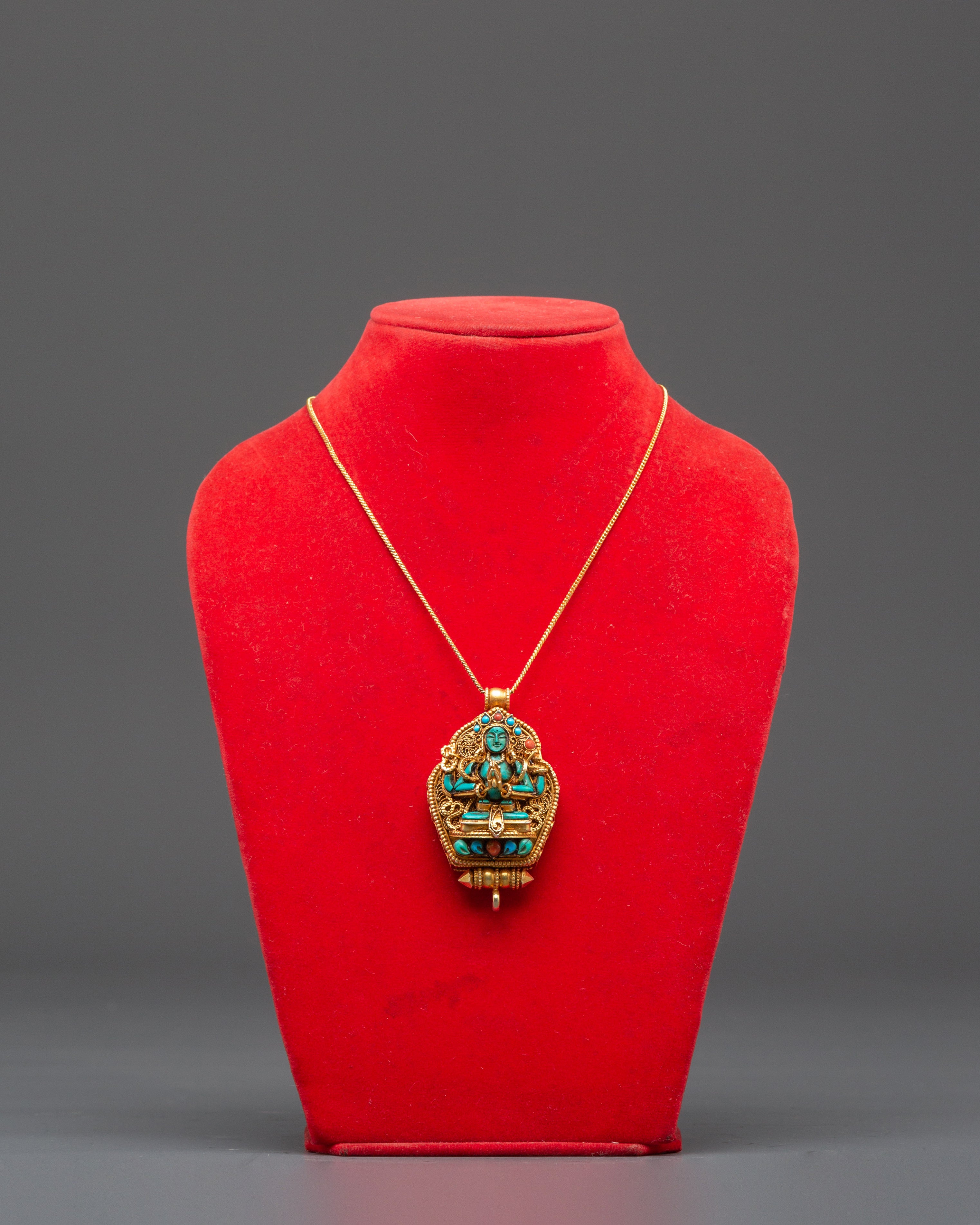 Sacred Gold Plated Chenrezig Ghau Box Locket | Buddhist Amulet