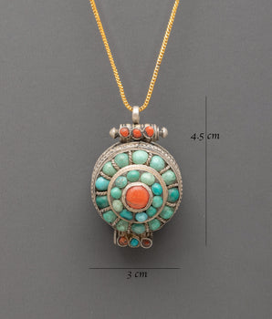 Sacred Buddhist Prayer Box | Silver with Coral & Turquoise