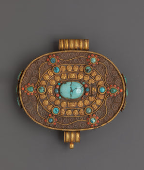 Tibetan Gold Plated Ghau Box Locket | Filigree Work with Turquoise
