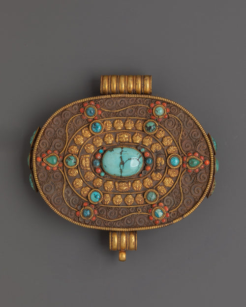 Tibetan Gold Plated Ghau Box Locket | Filigree Work with Turquoise