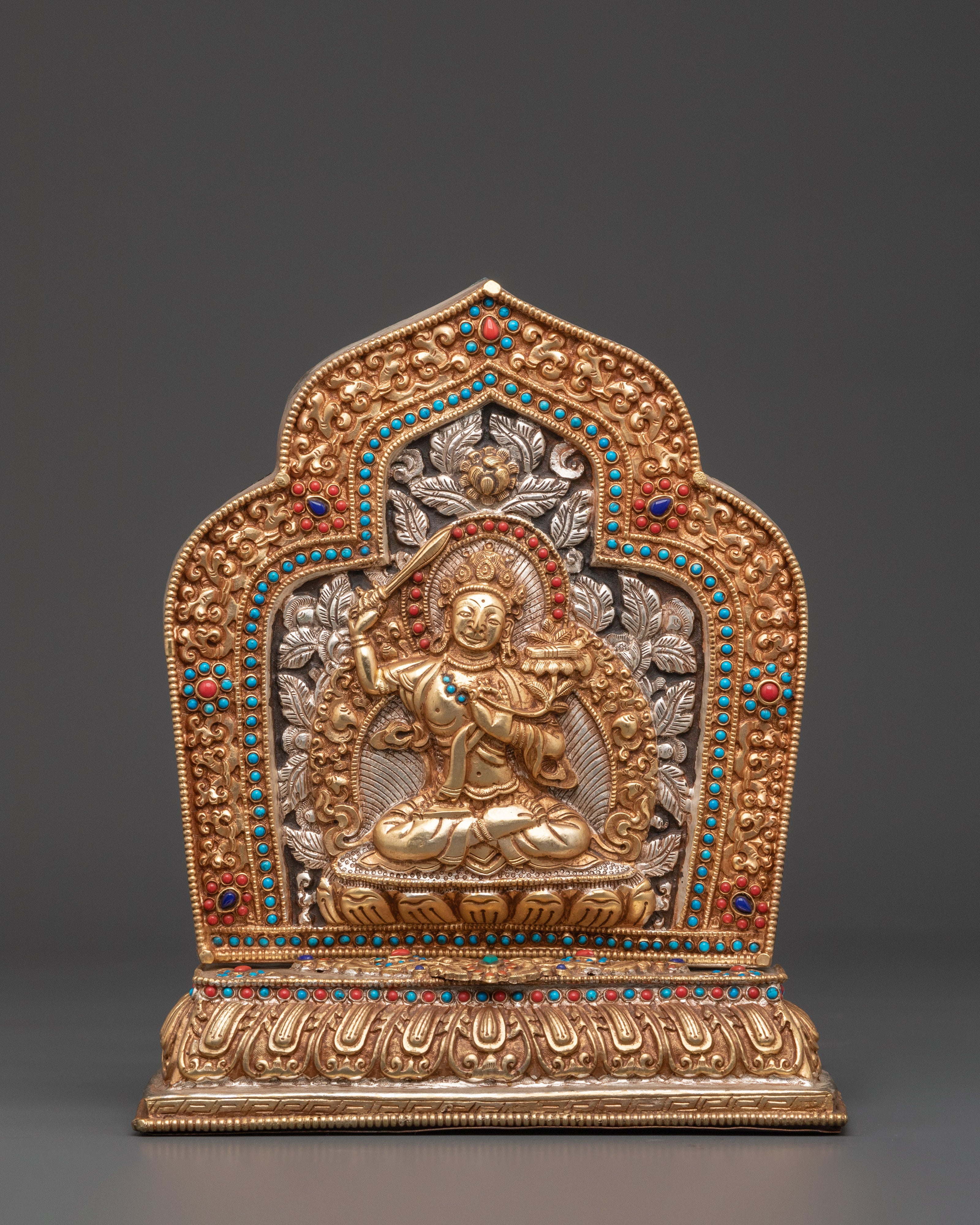 Handmade Tibetan Ghau Box with Manjushri | Copper & Gold Plated Tibetan Altar Box
