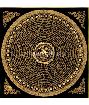 Black Gold Mantra Mandala Thangka | Hand Painted Om Mani Padme Hum Thanka Art