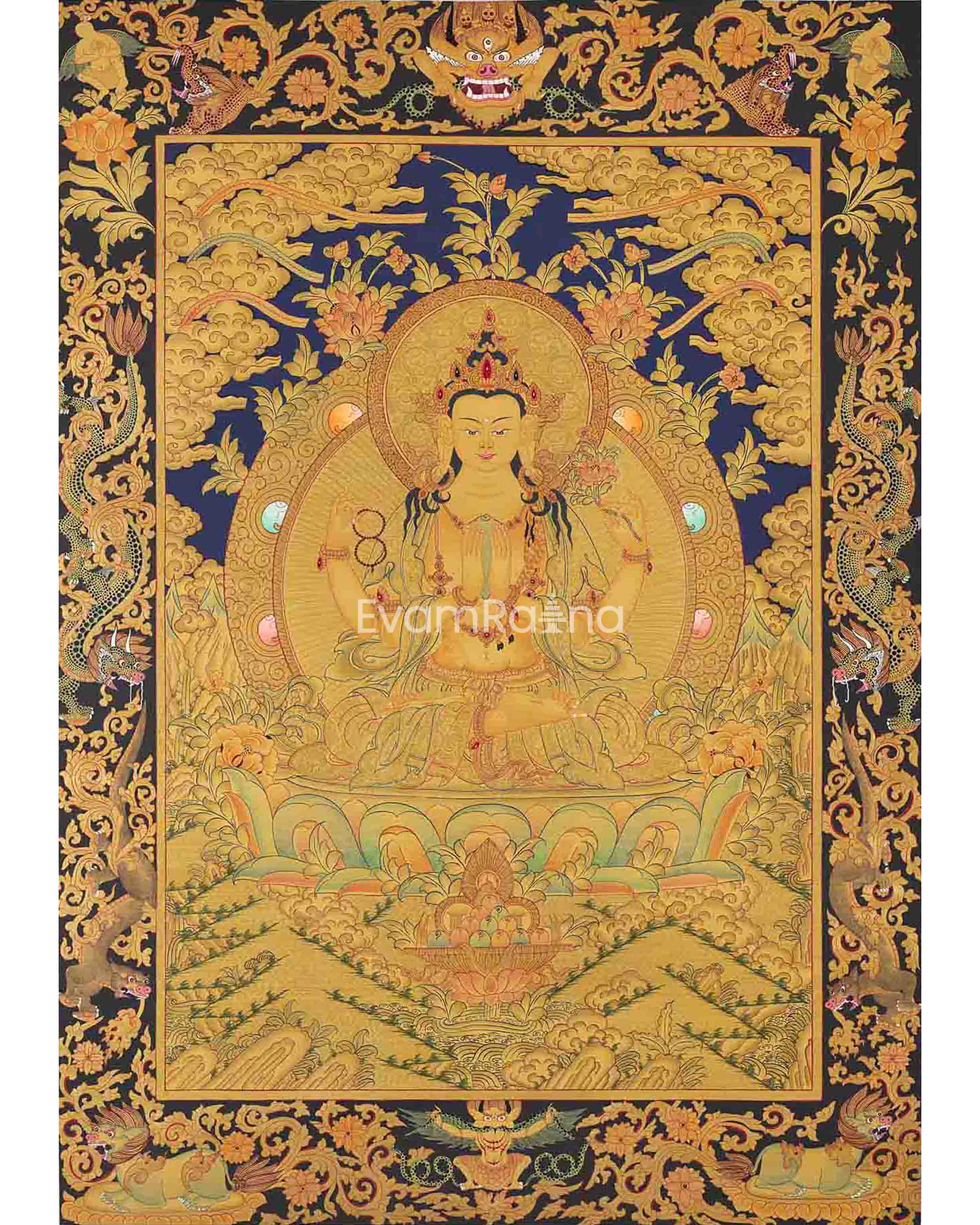 Full 24K Gold Style Avalokitesvara Chengrezig Thangka