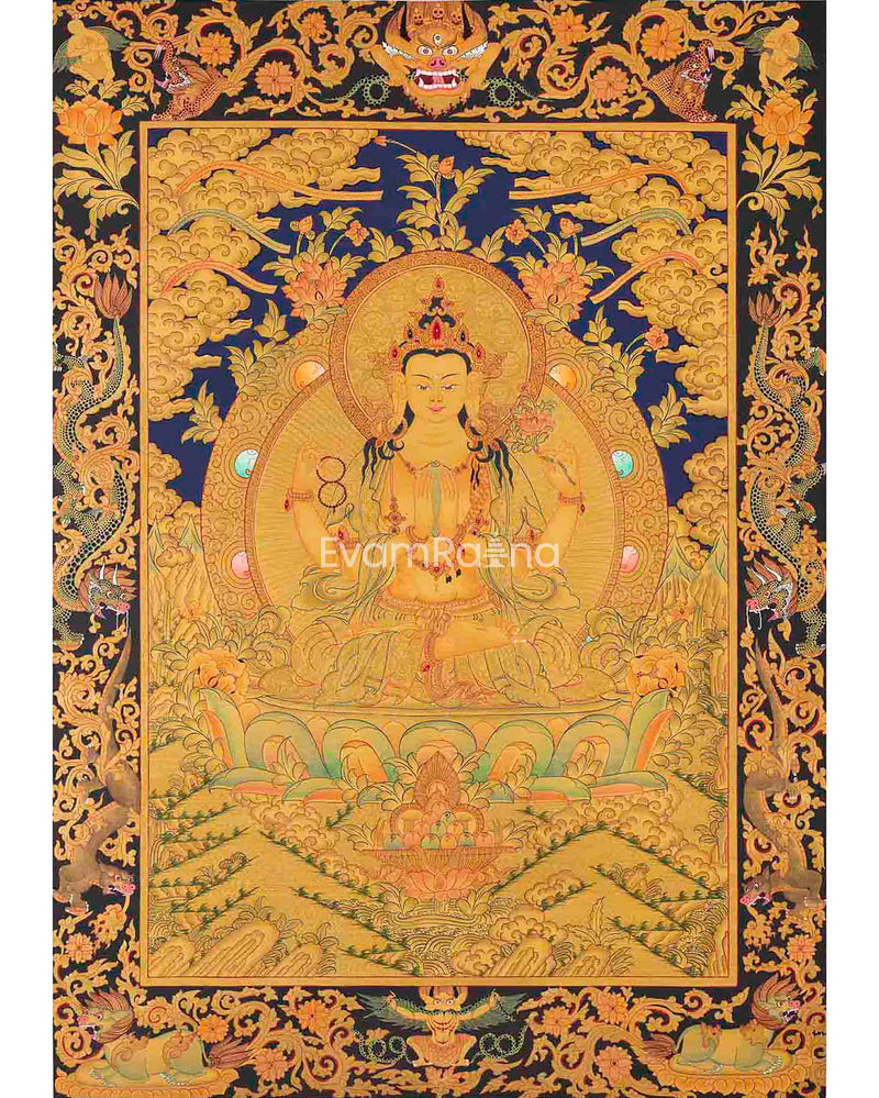 Full 24K Gold Style Avalokitesvara Chengrezig Thangka