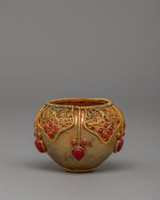 Copper Bowl with Filigree & Coral Stones
