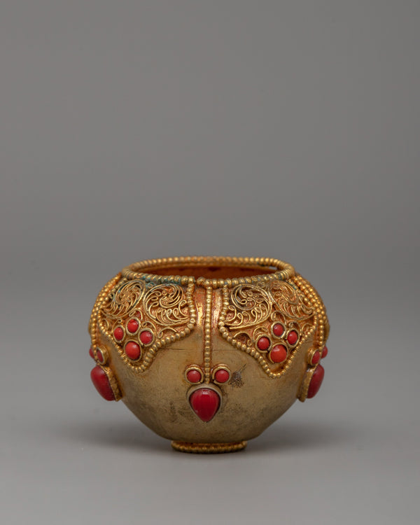 Copper Bowl with Filigree & Coral Stones 