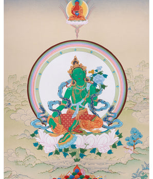 Uniquely Hand-Painted Green Tara Protection Deity Thangka